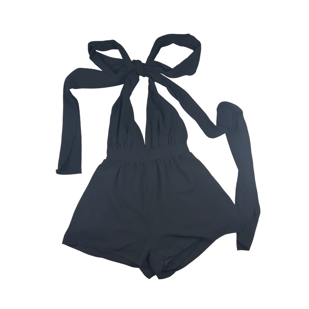 SHEIN Petite Black Halter Neck Romper Tie‎ Back V-Neck Sleeveless Size S
